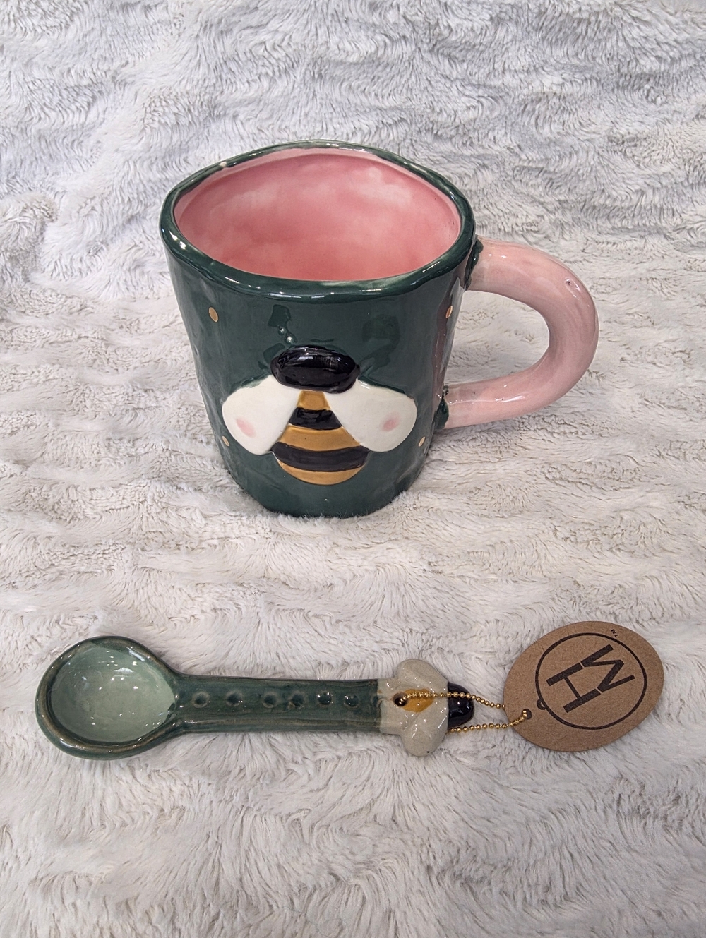 Hazel Mazel Bee Figural Stoneware Mug Green Pink Yellow W/Matching Spoon 16oz.